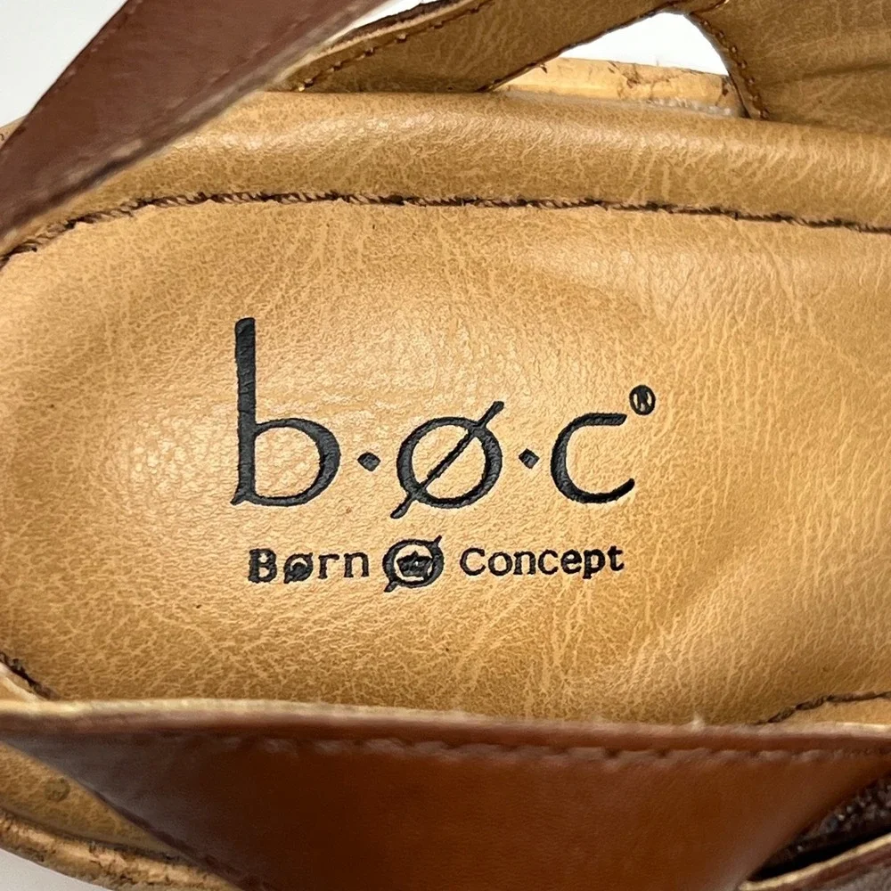 b.o.c.‎ Born Concept Brown Leather T-Strap Cork Wedge Sandals Comfort Strappy 10